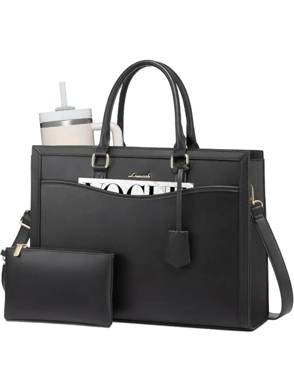 Stylish Laptop Tote Bag for Women | Large PU Leather Work Bag with Cup Holder